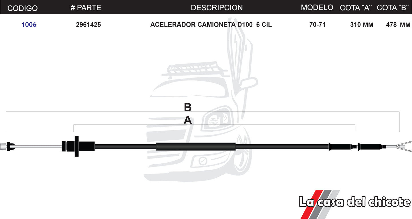 Chicote de Acelerador Camioneta D100 6cil. Modelo.70-71