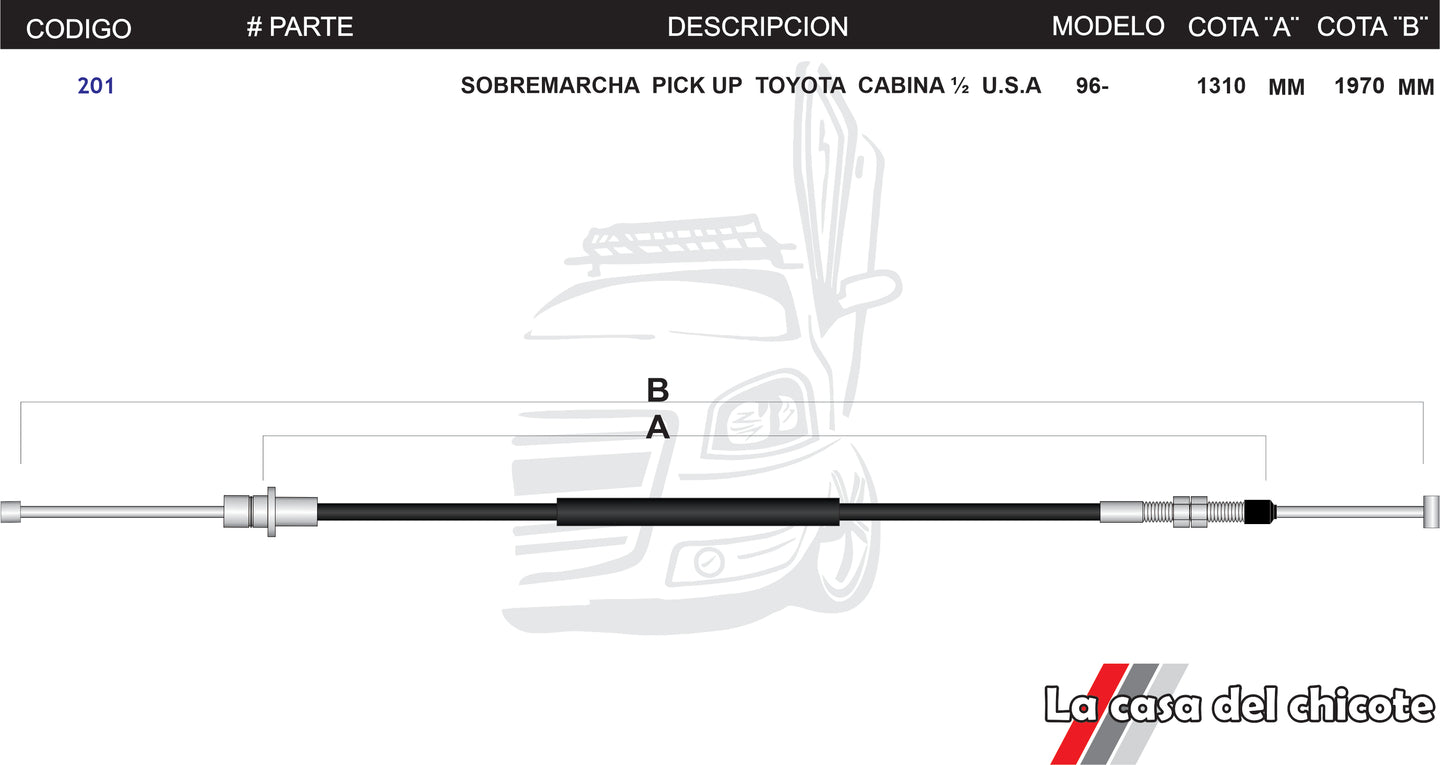 Chicote de Sobre Marcha Pick Up Toyota Cabina 1/2 Modelo.1996-