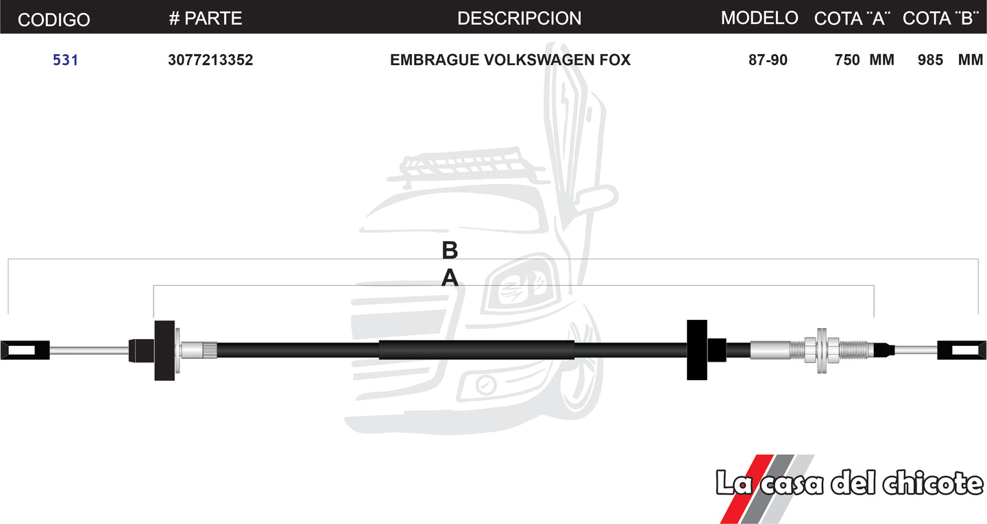 Chicote de Clutch (Embrague) Volkswagen Fox Modelo.87-90