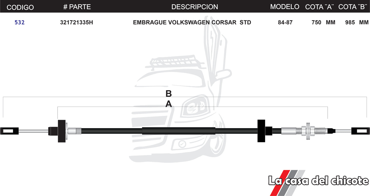 Chicote de Clutch (Embrague) Volkswagen Corsar STD Modelo.84-87