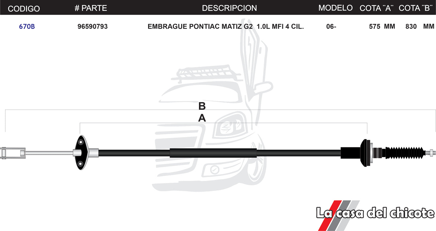 Chicote de Clutch (Embrague) Pontiac Matiz G2 1.0L 4cil. Modelo.2006 -