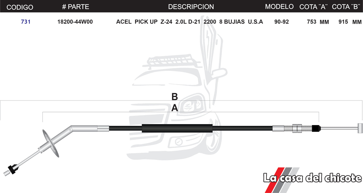 Chicote de Acelerador Pick Up Z-24 Maq 2000 8 Bujias USA Modelo.90-92