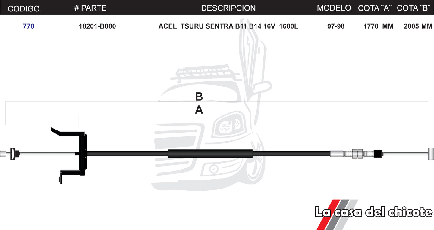 Chicote de Acelerador Tsuru Sentra Modelo.97-98