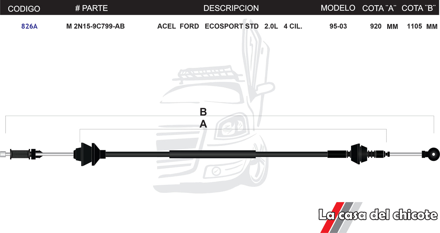 Chicote de Acelerador Ford Ecosport Standar 2.0L 4cil. Modelo.95-03