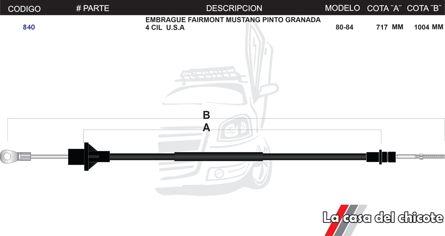 Chicote de Clutch (Embrague) Fairmont Mustang Pinto Granada 4cil. U.S.A Modelo.80-84